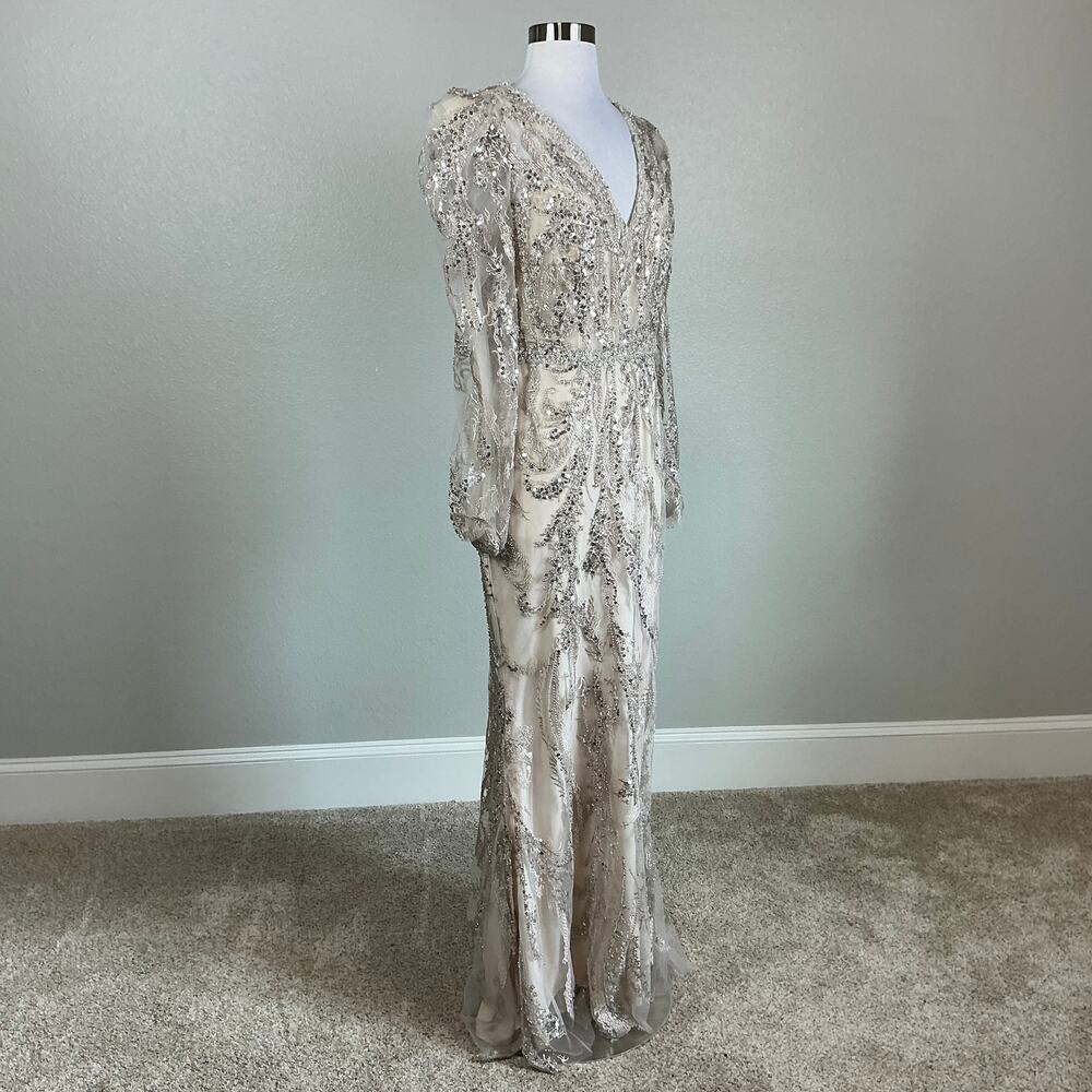 Mac Duggal 20349 Champagne Taupe Evening Gown Sequined Long Sleeve Dress Size 8 - Picture 3 of 12